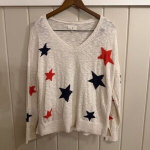 Women’s Lou & Grey V-Neck Sweater w/ Stars - Cream, Red, Navy, Size Medium